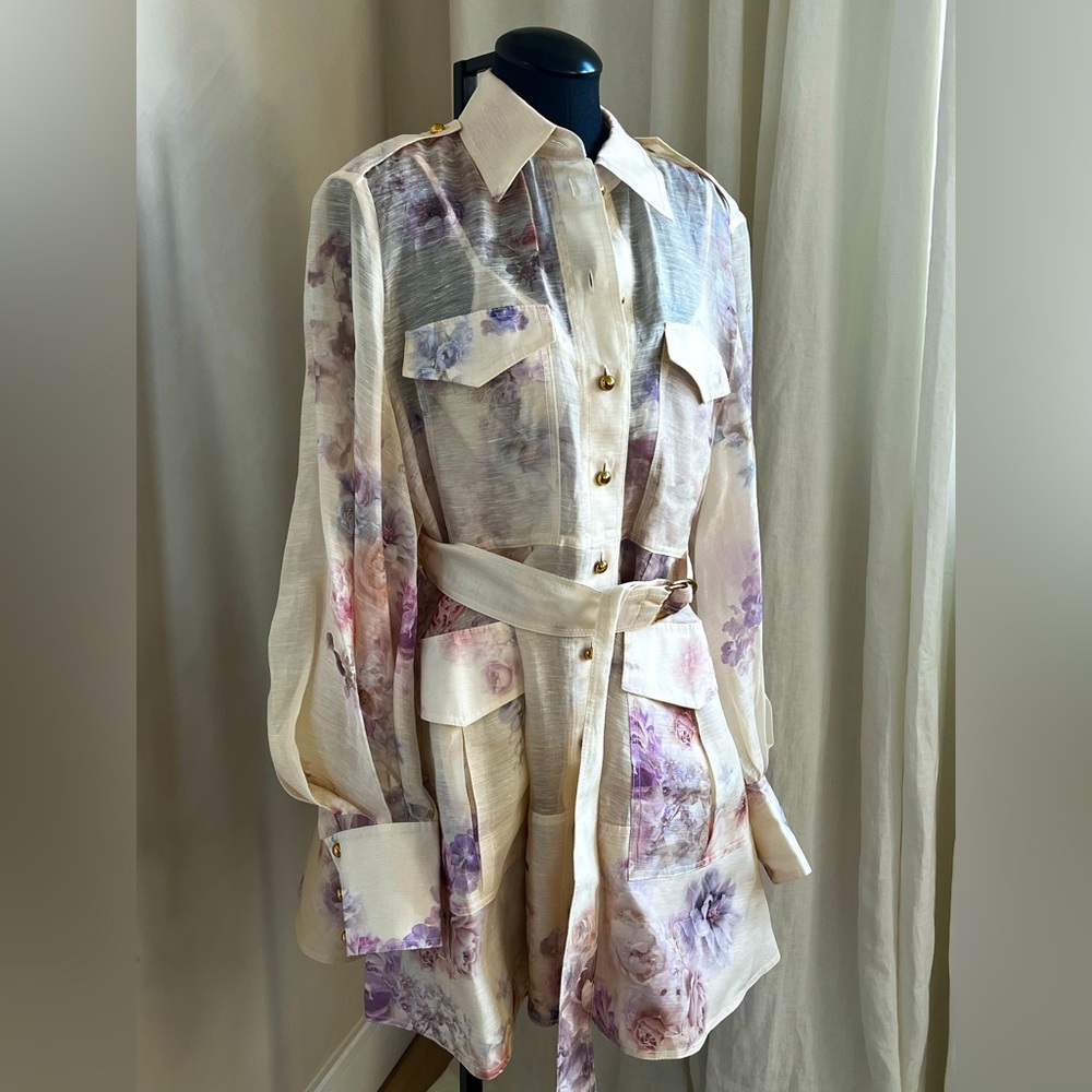 Zimmermann Cream Sheer Floral Belted Shirt Dress with Lavender Accents